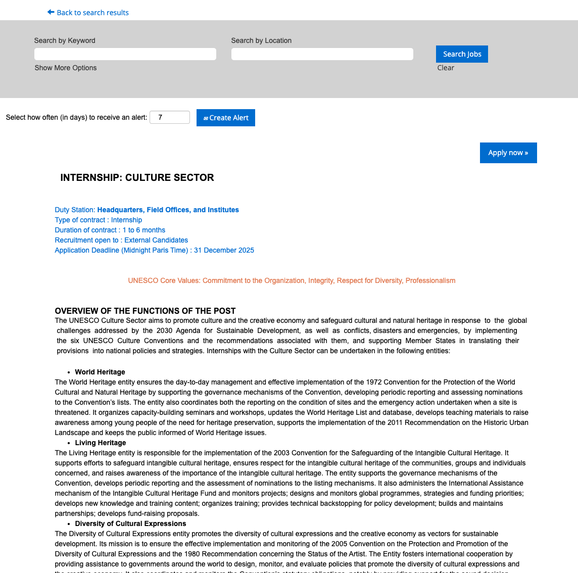 Original UNESCO career job board with overlapping filters and text-heavy listings